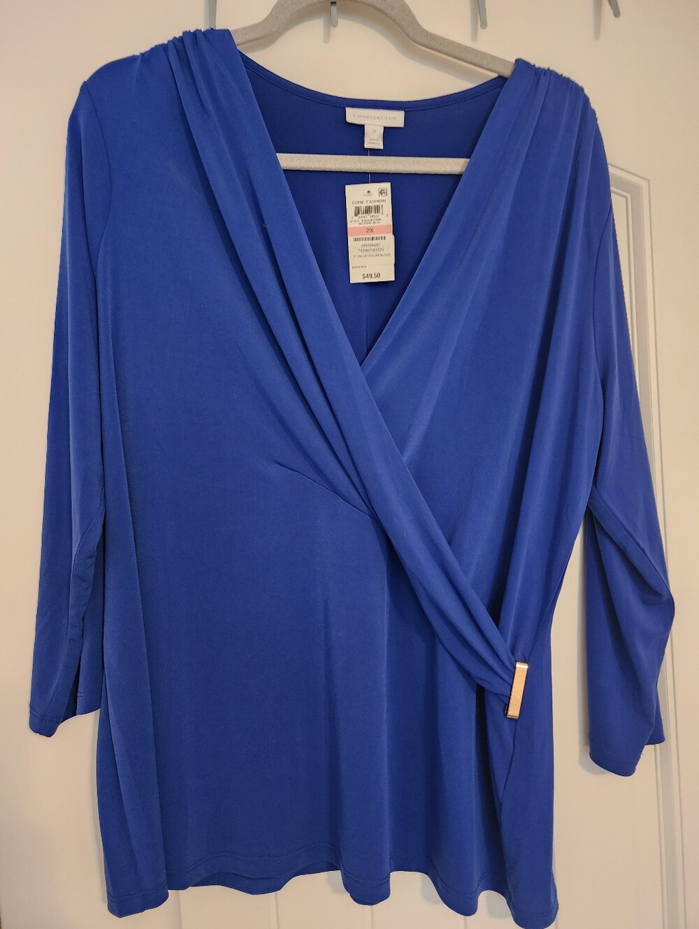 Charter Club NWT 2X Royal Blue Wrap-Style Long Sleeve Top with Silver Accent